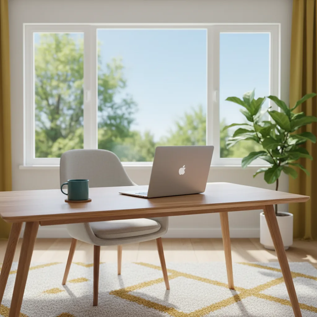 Escritório em casa moderno com notebook, xícara de café e iluminação natural, simbolizando o trabalho remoto de sucesso.