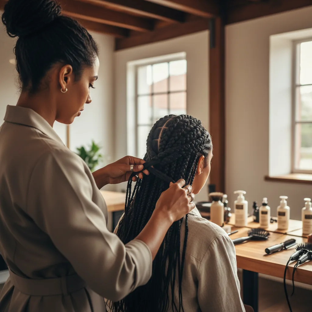 Mulher de costas tendo seu cabelo trançado por uma profissional, ilustrando a capacitação em tranças como renda extra para mulheres.