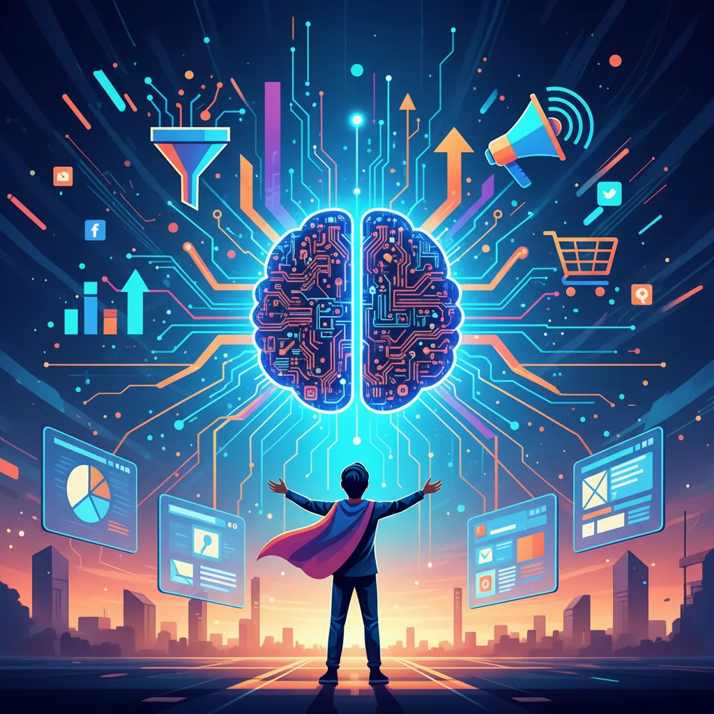 Inteligência Artificial gerando conteúdo, com ferramentas de marketing digital em um escritório moderno, simbolizando o ChatGPT e o impacto na produção para empreendedores.