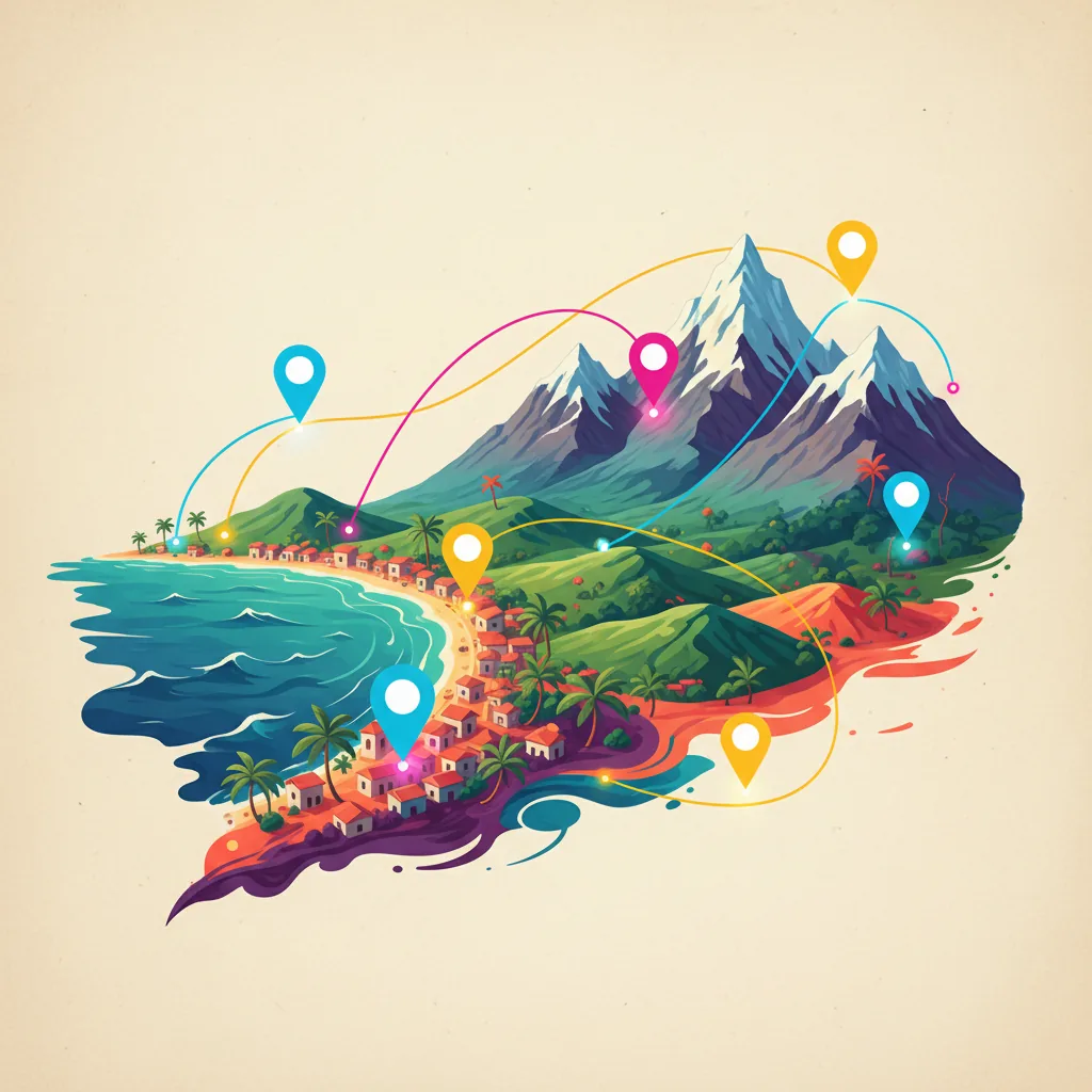 Ilustração abstrata da costa do Espírito Santo se encontrando com montanhas argentinas, com pinos de mapa estilizados conectando-os, em uma paleta de cores vibrantes e convidativas.