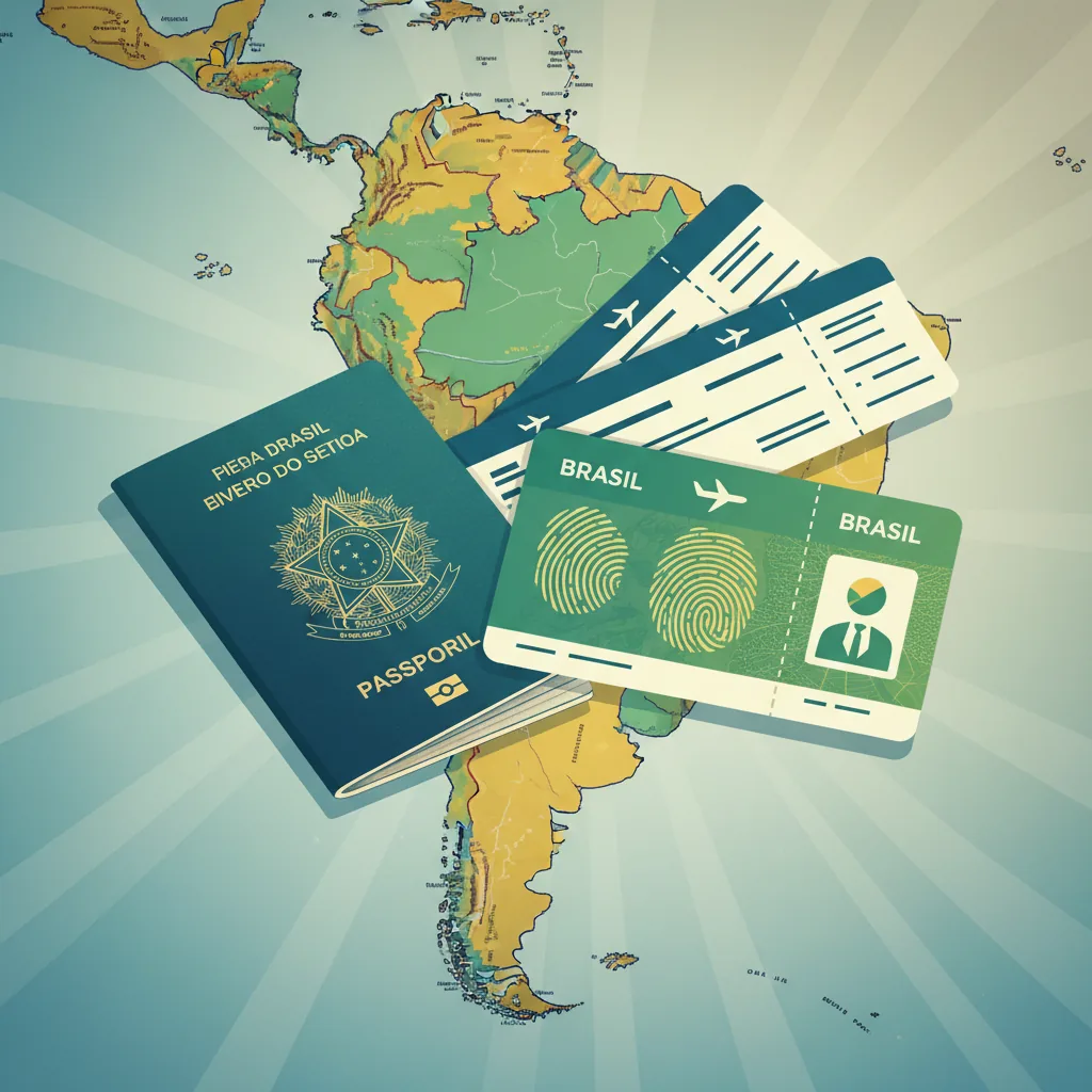 Documentos de viagem brasileiros, passaporte e RG, sobre um mapa da América do Sul.