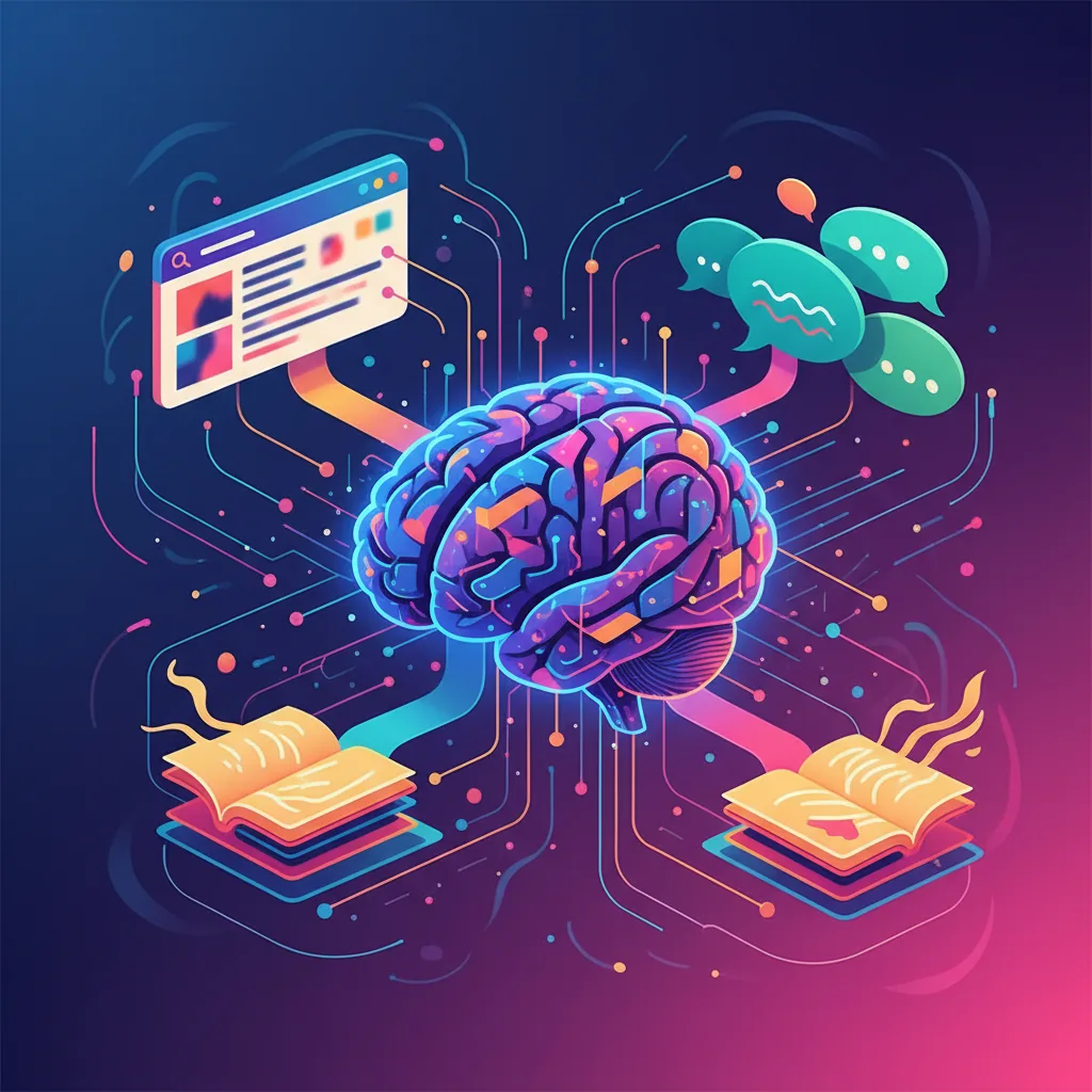 Ilustração abstrata de um cérebro digital conectado a elementos de marketing digital, representando a criação e otimização automatizada de conteúdo para ranquear com o BlogAI.