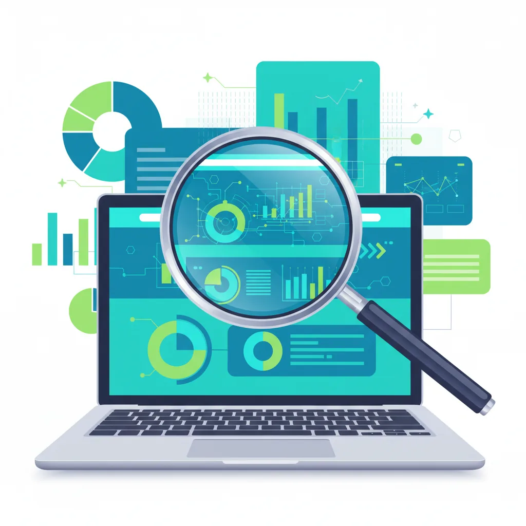 Guia de SEO para Empresas em 2026, mostrando um laptop com um site sendo analisado por uma lupa.