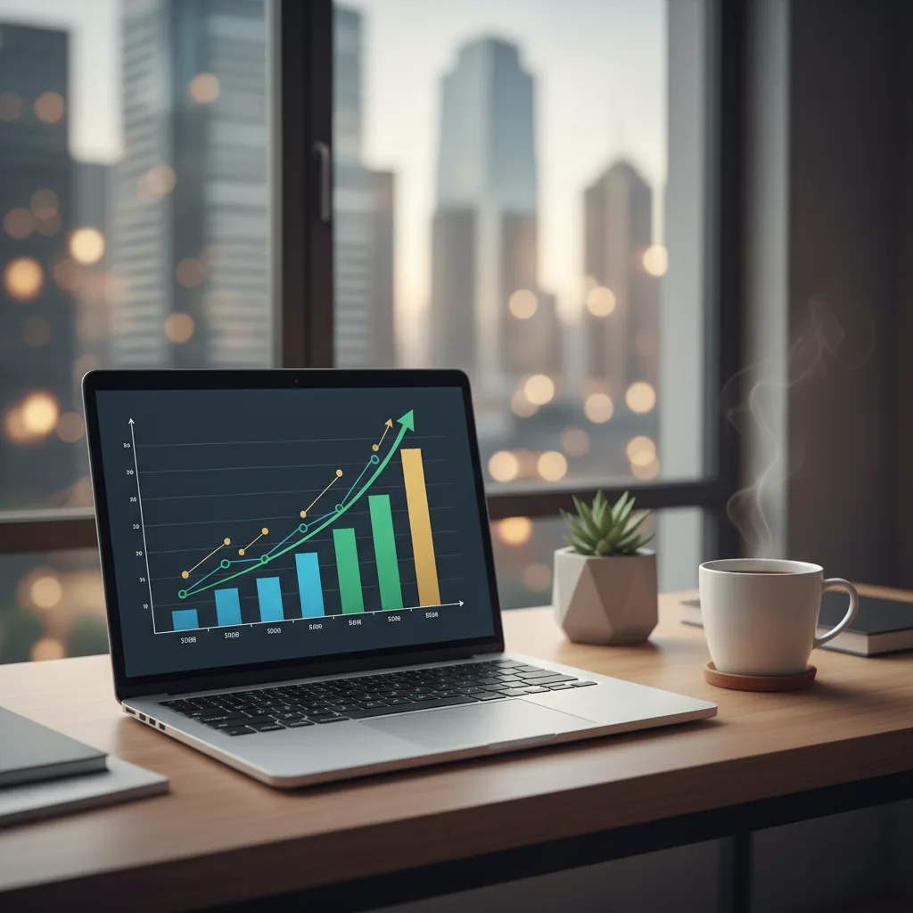 Notebook aberto em uma mesa de café com gráficos financeiros e moedas digitais simbolizando ganhos online
