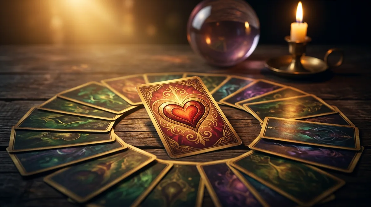 Representação artística de cartas de tarô sobre uma mesa de madeira com uma luz mística, simbolizando reencontros amorosos em abril de 2026.