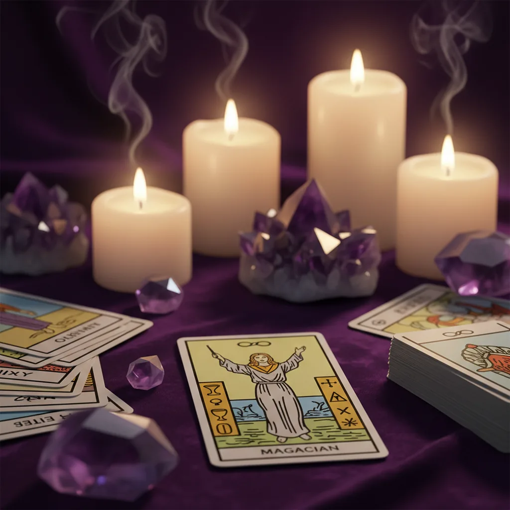 Baralho de tarô clássico com a carta do Mago em destaque sobre uma mesa de madeira rústica com velas e cristais.