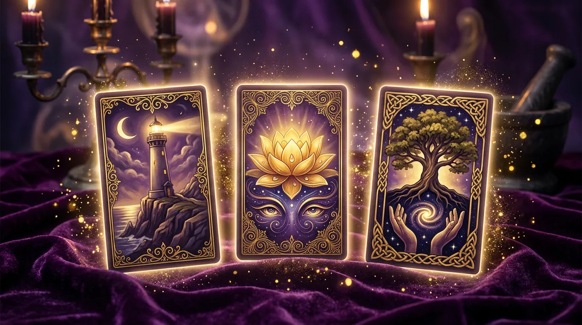 Cartas de tarô iluminadas por um feixe de luz dourada em um ambiente místico e elegante.