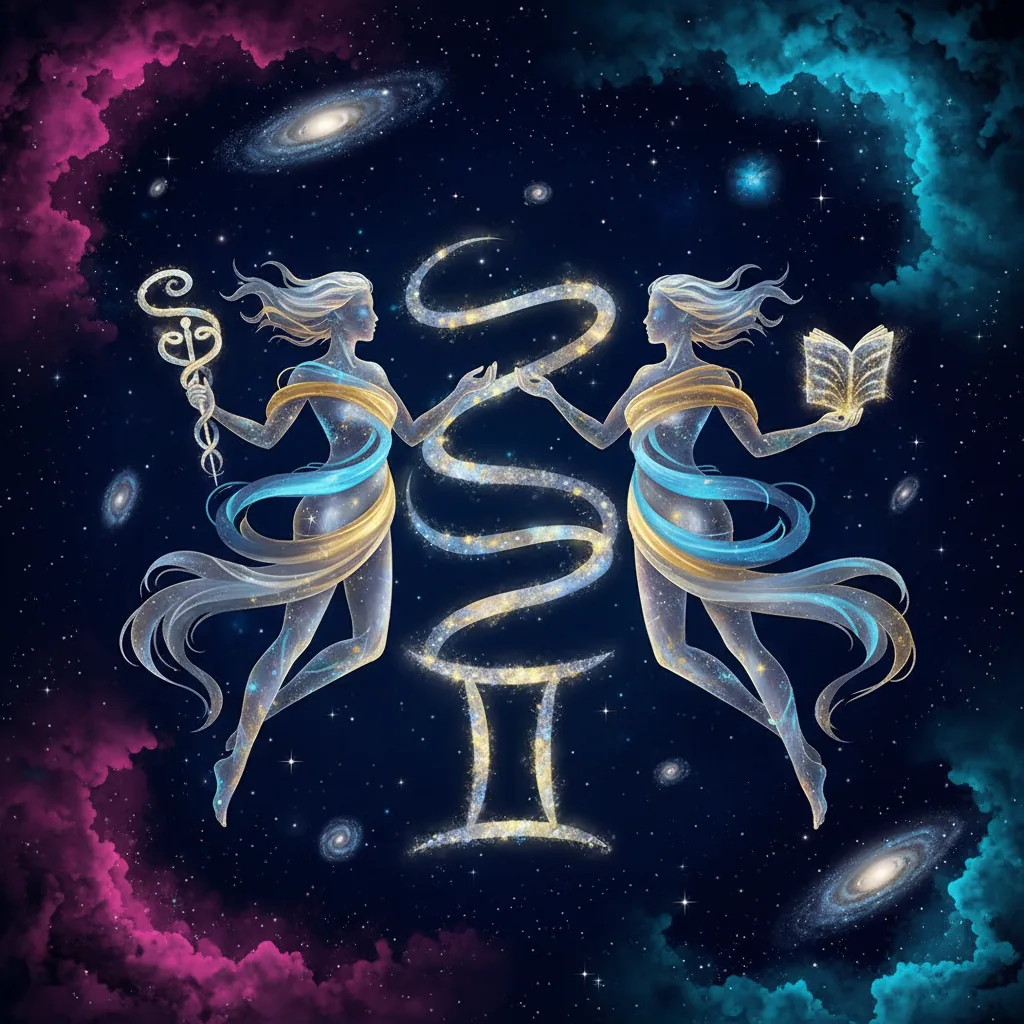 Ilustração simbólica do signo de Gêmeos com os gêmeos astrais e a influência de Mercúrio.