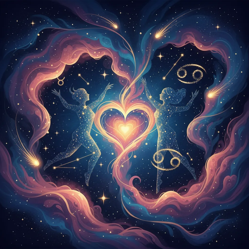 Representação dos recomeços amorosos na astrologia em 2026, com constelações e símbolos astrais.