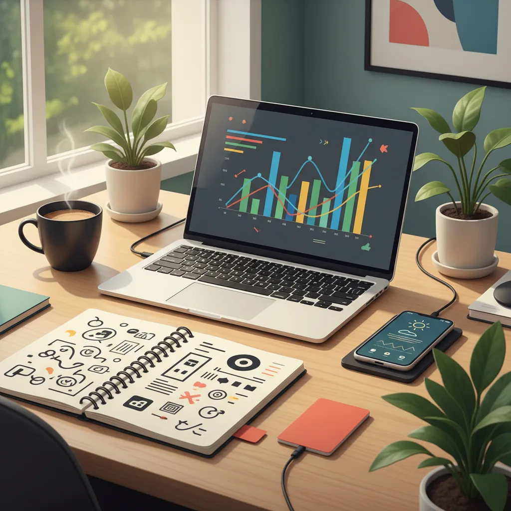 Mesa de trabalho com notebook e itens de escritório, ilustrando dicas de renda extra online em 2026.