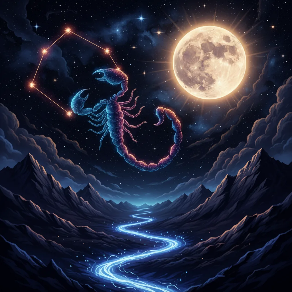 Representação artística da astrologia de maio de 2026, com a Lua Cheia em Escorpião brilhando no céu.