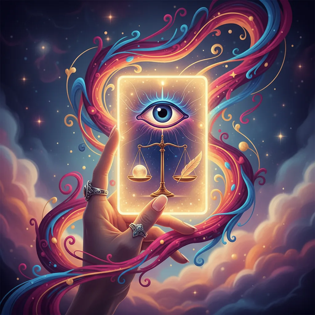 Mão mística segurando uma carta de tarô, com luz e símbolos de introspecção. Imagem abstrata com energias fluidas místicas e espirituais.