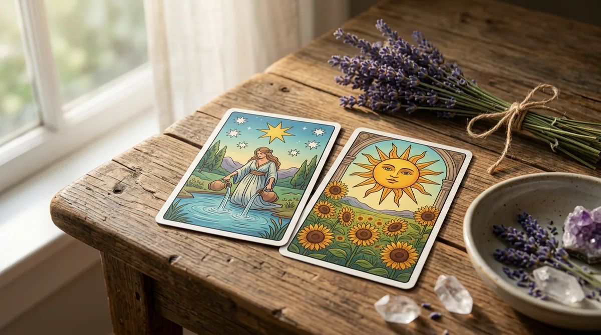 Cartas de tarô sobre uma mesa de madeira com uma vela acesa, simbolizando cura emocional e novos começos após um término.