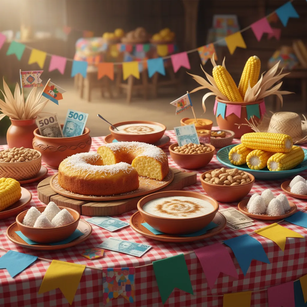 Mesa com comidas típicas de Festa Junina, ilustrando como fazer uma renda extra no período.