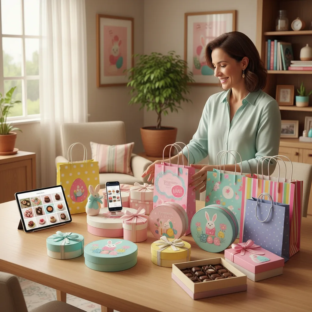 Mulher empreendedora organizando ovos de chocolate gourmet para revenda de Páscoa em 2026