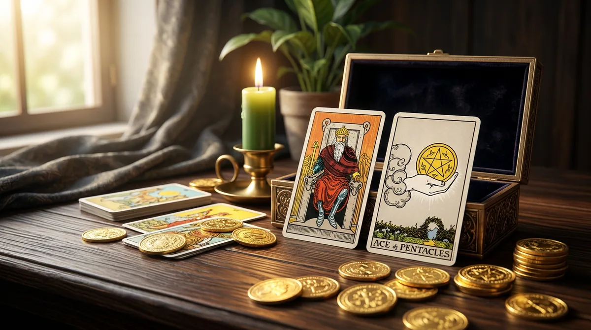 Representação artística de cartas de tarô cercadas por moedas de ouro e luz solar intensa simbolizando prosperidade financeira em 2026.