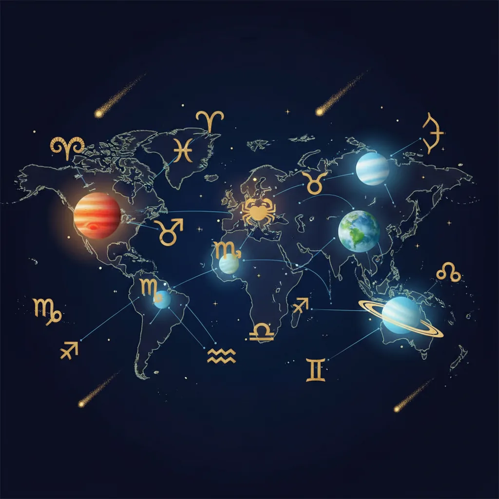 Ilustração moderna de um mapa astral com constelações e planetas alinhados em tons de dourado e azul profundo.