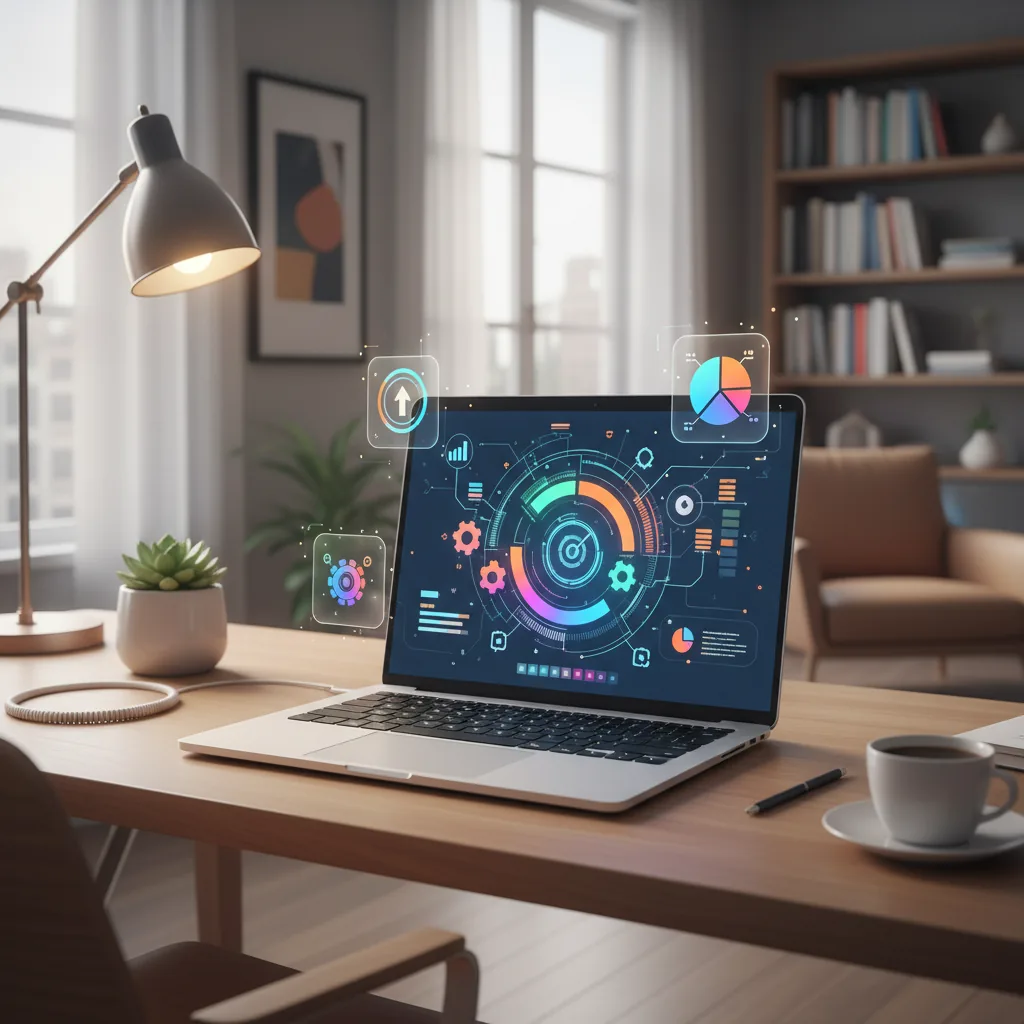 Notebook aberto com diversos ícones de aplicativos de produtividade e gestão para freelancers flutuando sobre a tela em ambiente de home office moderno.