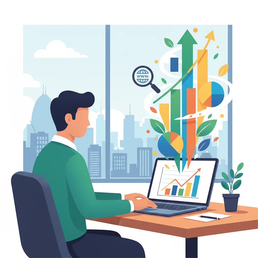 Empreendedor otimizando SEO em laptop para tráfego orgânico