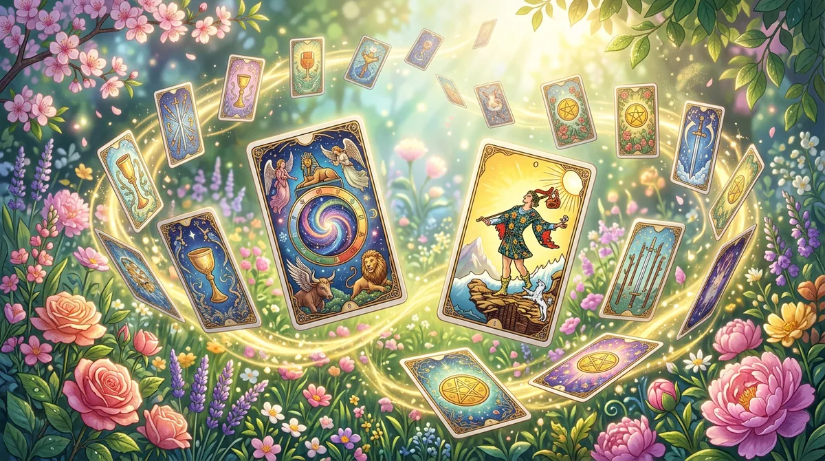 Ilustração artística de cartas de tarô flutuando sobre um cenário de renovação de primavera em abril de 2026.