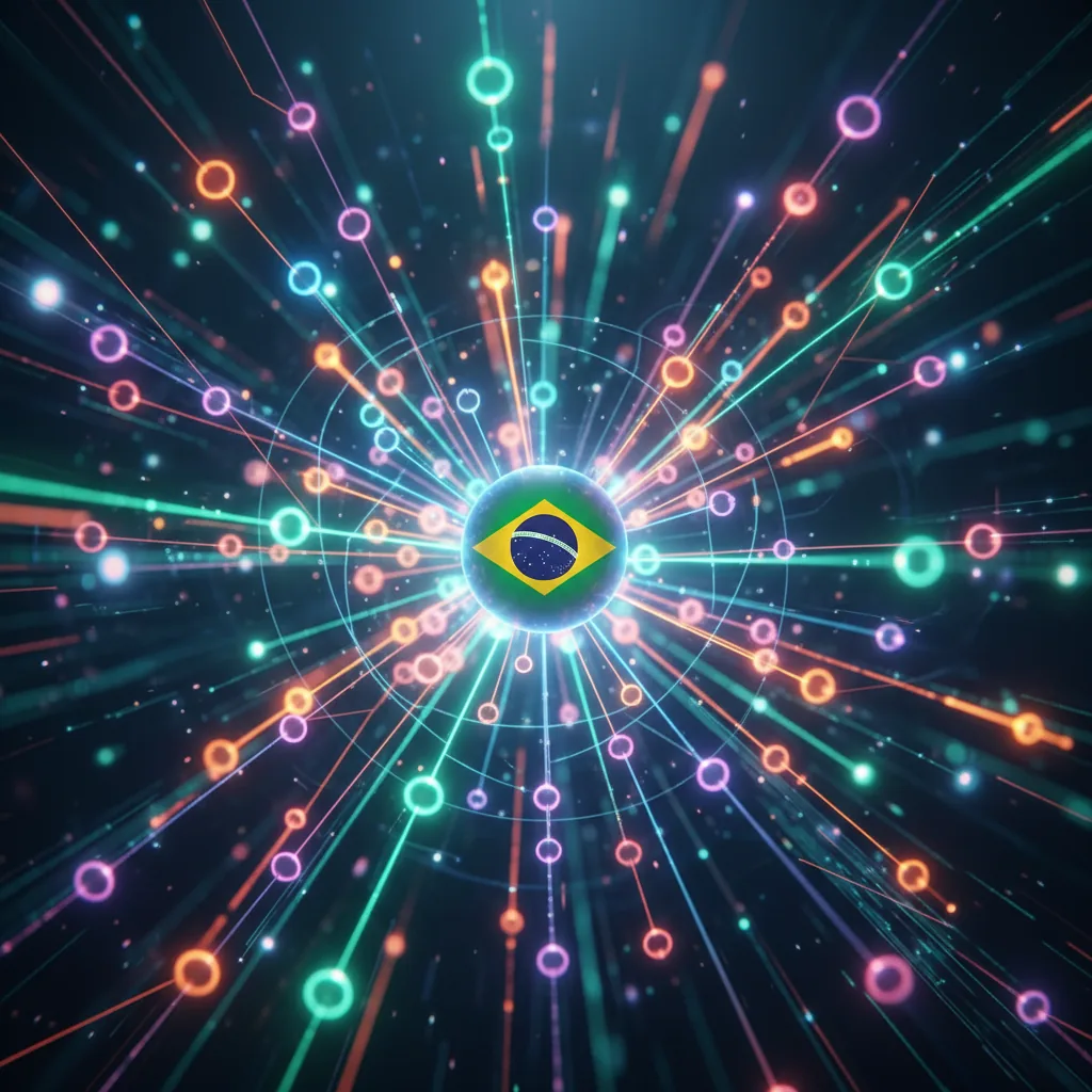 Um diagrama de rede neural brilhante com um nó central exibindo a bandeira do Brasil, ilustrando o conceito de GEO (Generative Engine Optimization) para empresas brasileiras.