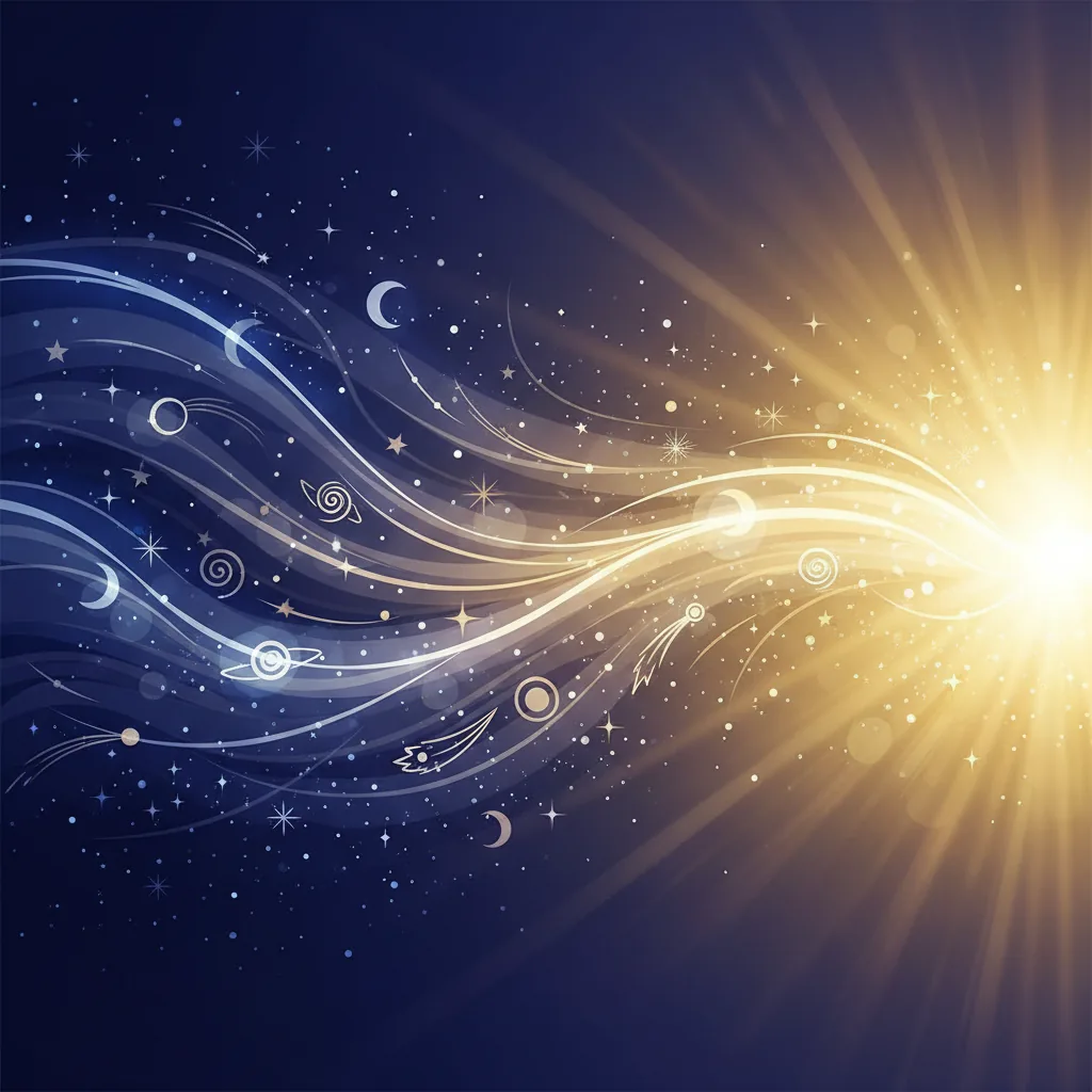 Representação artística abstrata de constelações brilhando em um céu azul claro e sereno, simbolizando leveza e alinhamento astral positivo em 2026.