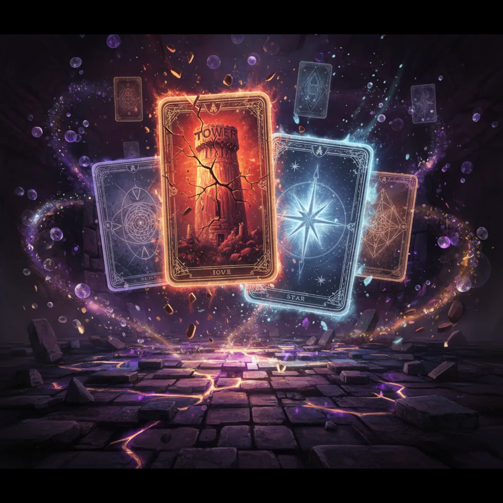 Ilustração artística de cartas de tarô flutuantes sobre um tabuleiro de jogo sombrio e místico, representando o jogo Encounter the Lost Cards.