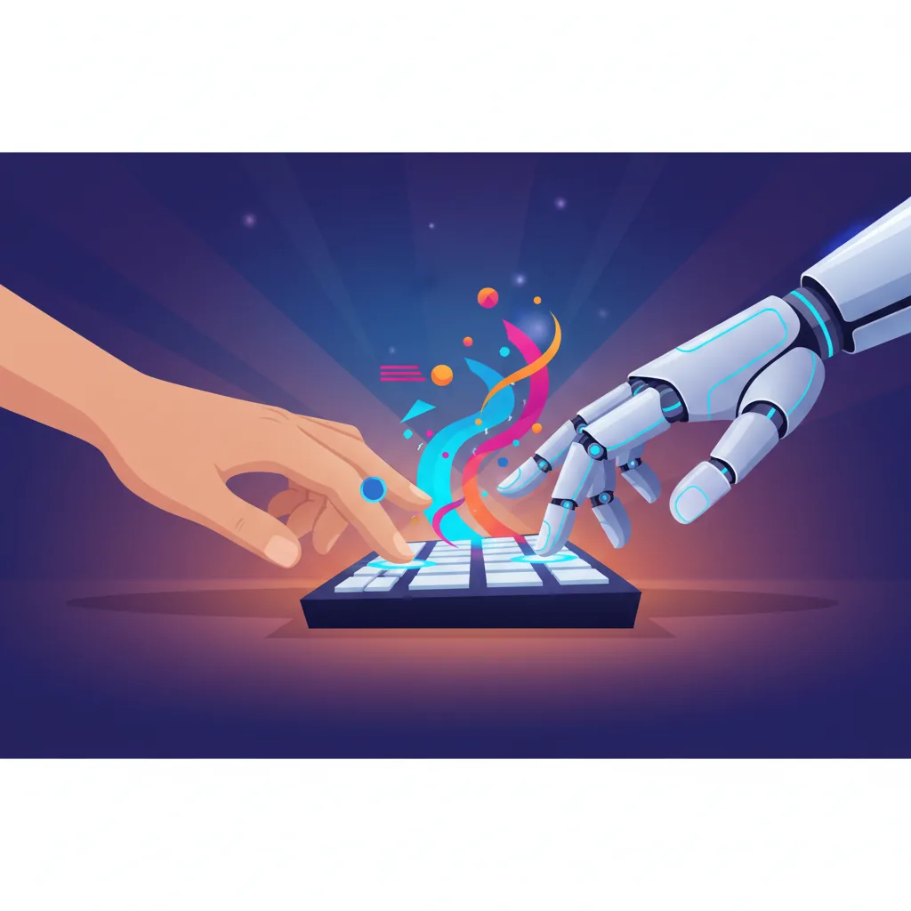 Mão humana e mão de robô colaborando para escalar produção de conteúdo com IA em 2026.
