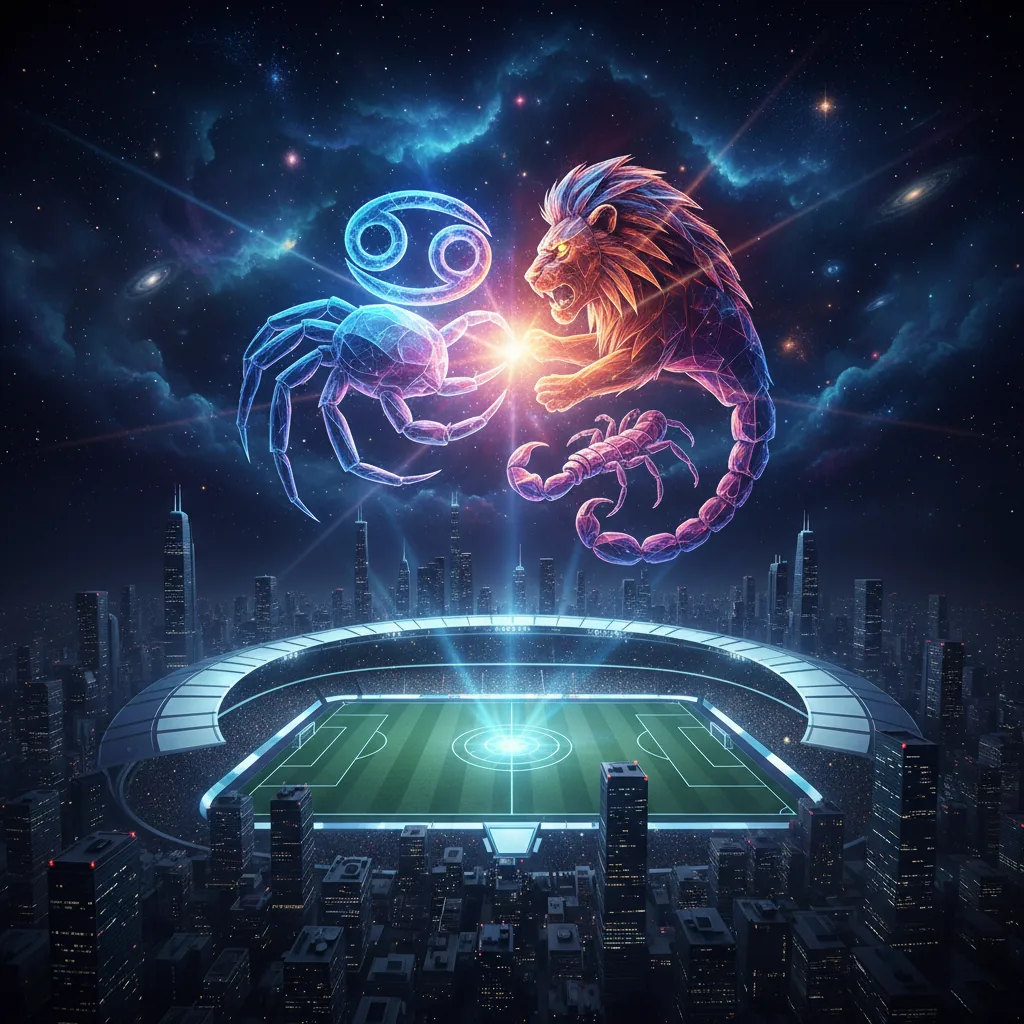 Ilustração mostrando os símbolos dos signos de Câncer, Leão e Escorpião em conflito sobre um campo de futebol, representando qual signo faz mais drama vendo futebol.