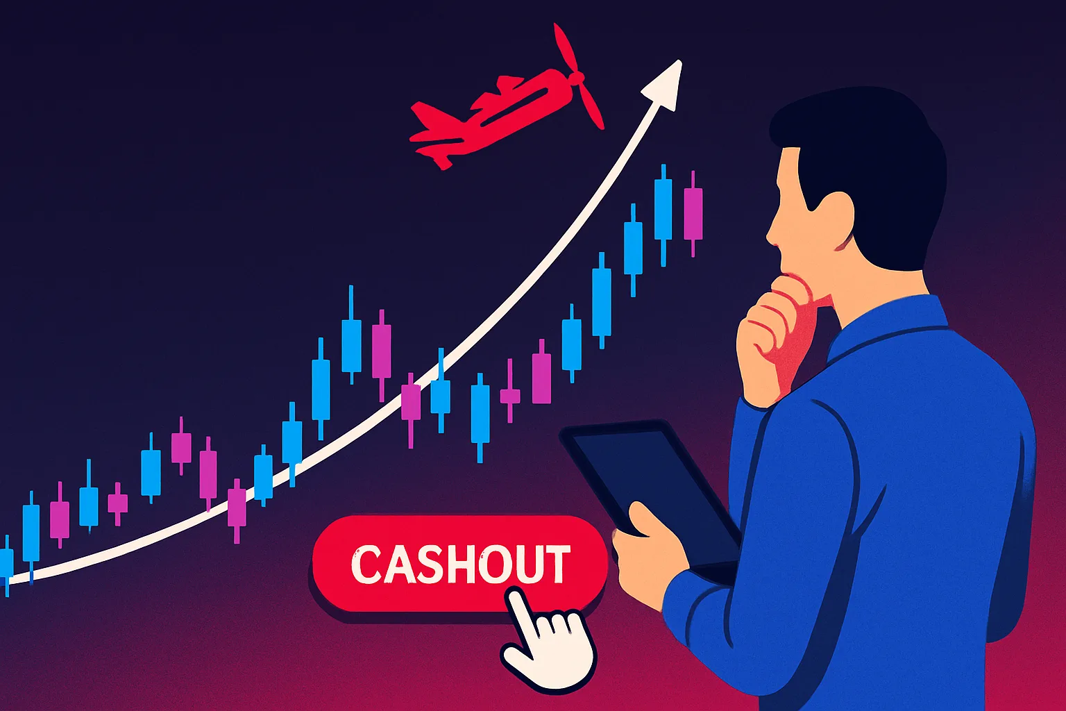 Leitura tecnica do Aviator mostrando grafico com velas azuis, roxas e rosas, cashout e historico
