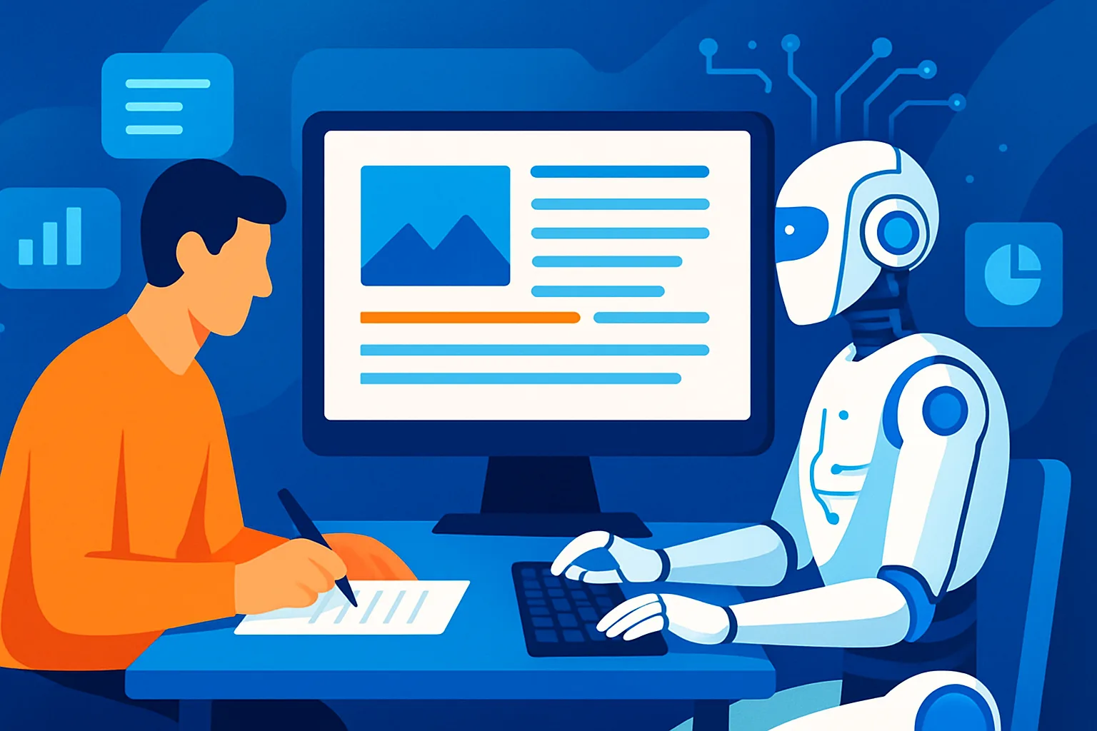 Redator ou inteligência artificial para blog colaborando na criação de conteúdo
