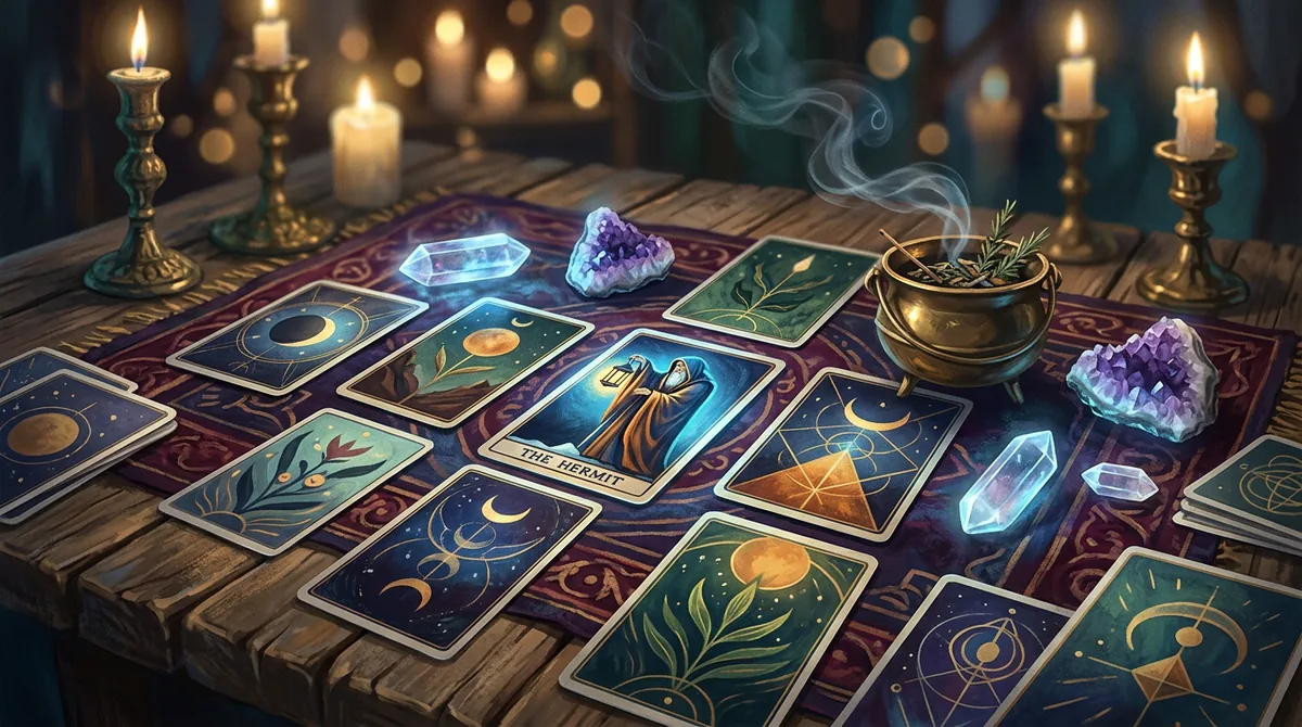 Ilustração mística de cartas de tarô sobre uma mesa de madeira com cristais e luz de velas, focando na previsão para o fim de semana de abril de 2026.