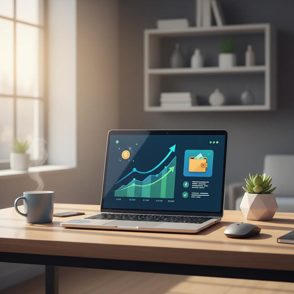 Ilustração profissional de um ambiente de home office moderno com notebook, café e gráficos de ganhos financeiros digitais simbolizando renda extra online em 2026.
