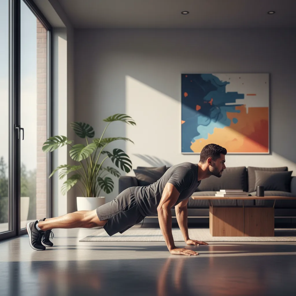 Homem fazendo treino em casa para homens para ganhar músculos em 20 minutos.