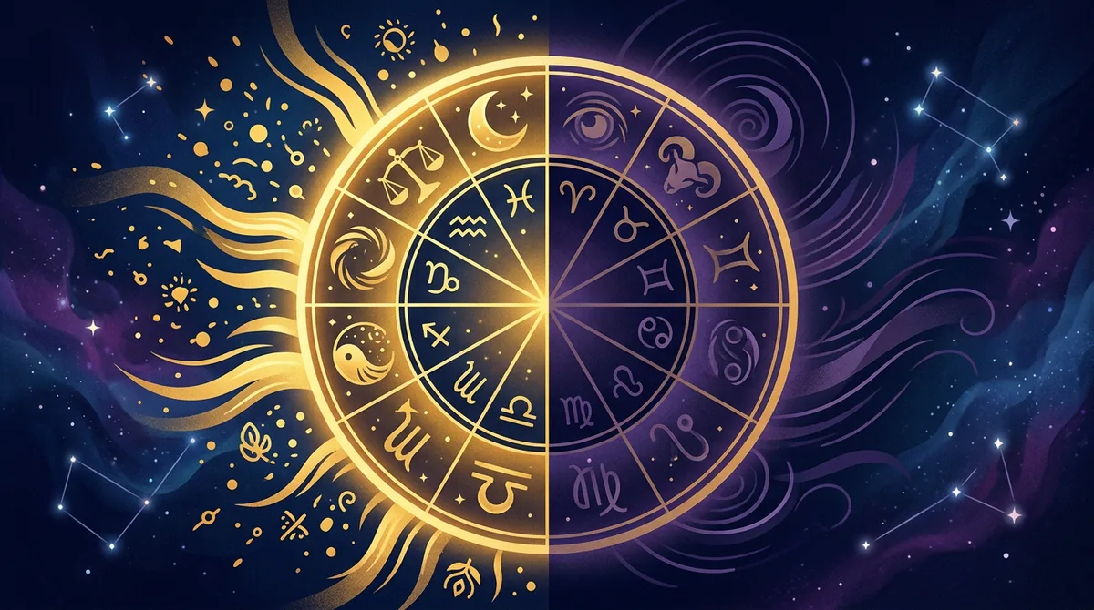 Representação artística dos signos do zodíaco em um ranking astral com luzes douradas e sombras, simbolizando sorte e desafios em abril de 2026.