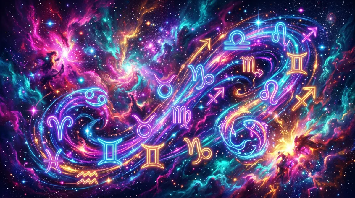 Ilustração artística representando a energia vibrante e o espírito jovem nos signos através de constelações coloridas e símbolos astrológicos dinâmicos.