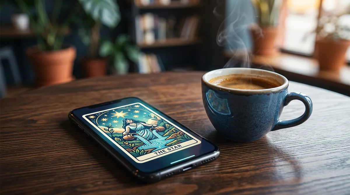 Smartphone exibindo cartas de tarô virtuais com design moderno e místico em 2026