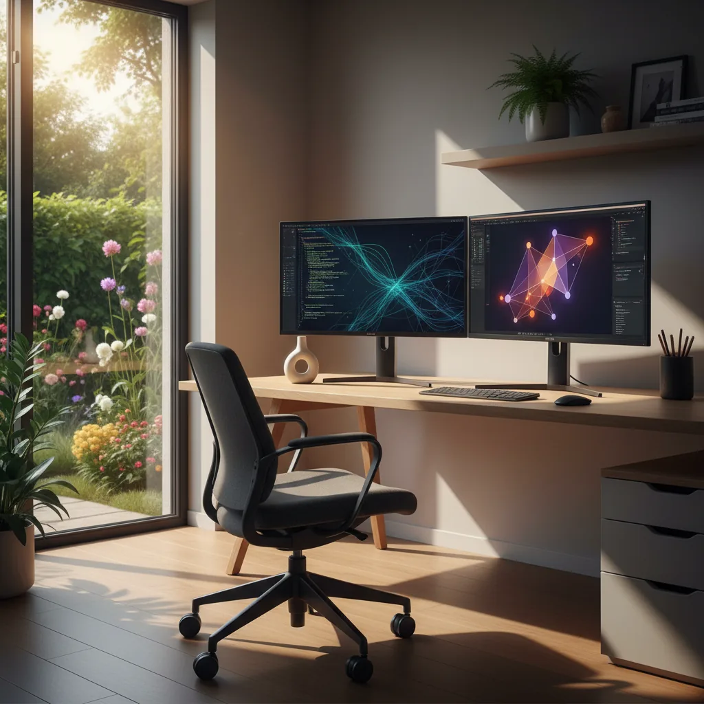 Profissional trabalhando em regime de trabalho remoto e freelancer em um escritório moderno com tecnologia de ponta em 2026.