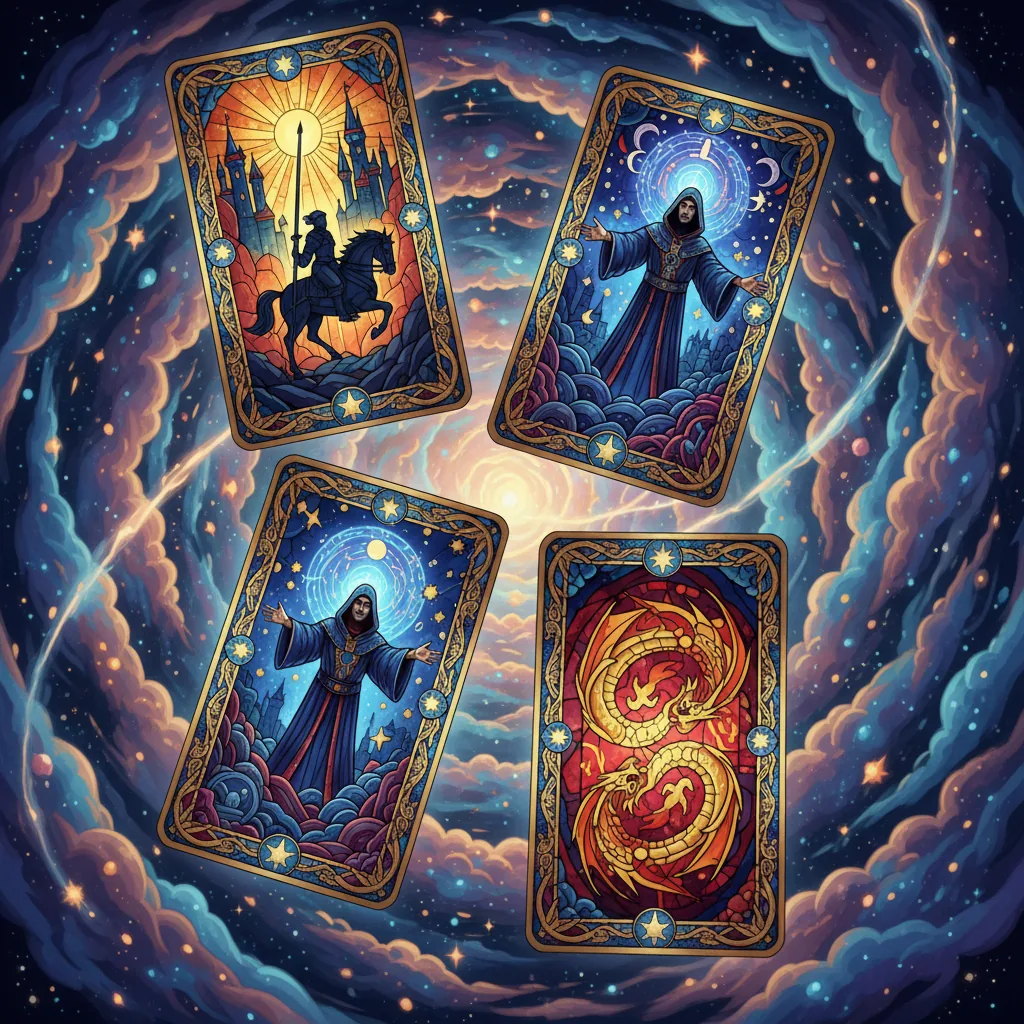 Cartas de tarô estilizadas com personagens de RPG em um fundo místico e artístico.
