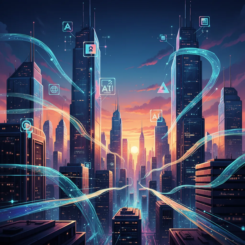 Paisagem urbana futurista com símbolos de IA e dados, ilustrando a otimização de SEO, GEO e AEO em 2026 com BlogAI