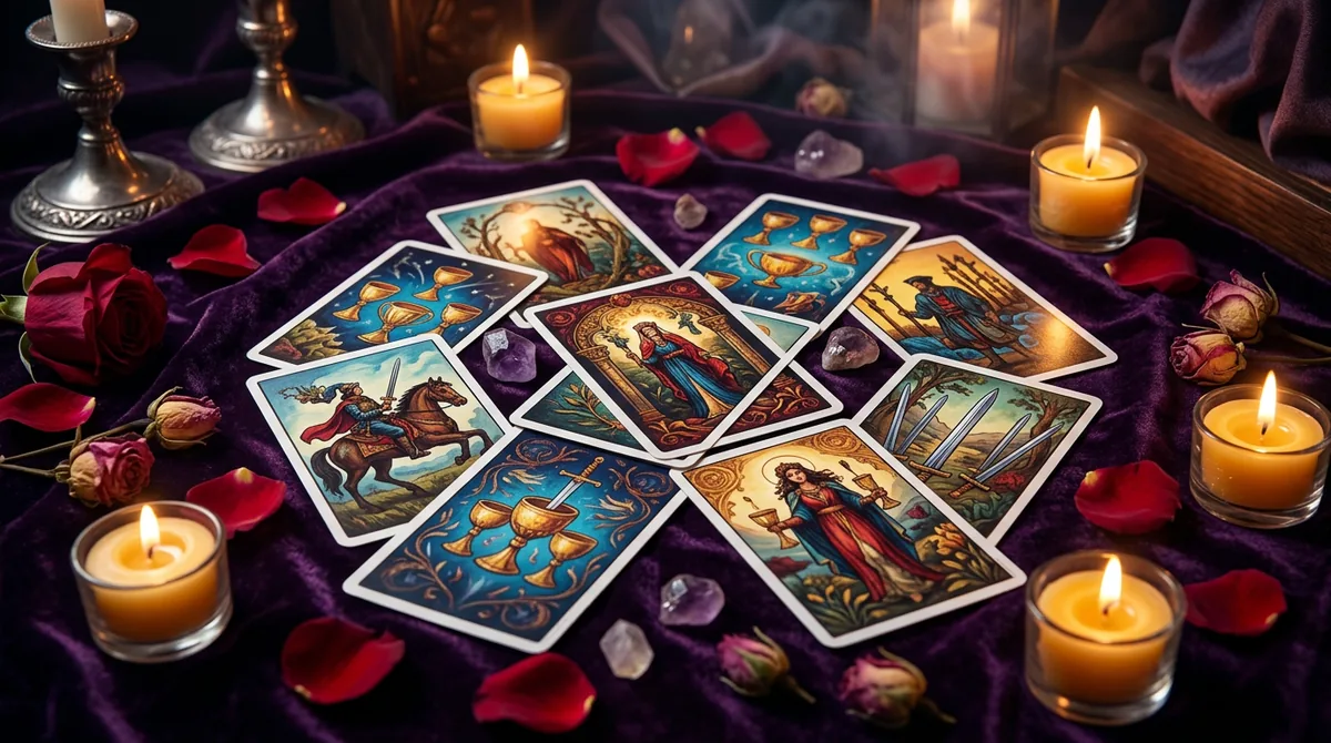 Ilustração de cartas de tarô sobre uma mesa de madeira com pétalas de rosa e uma vela acesa, simbolizando paciência no amor em 2026.