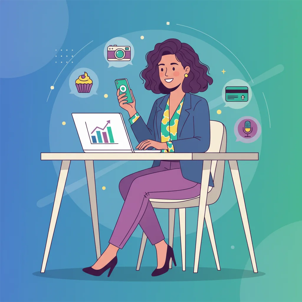 Ilustração de uma mulher brasileira organizada em seu home office utilizando notebook e smartphone para gerir sua renda extra em 2026