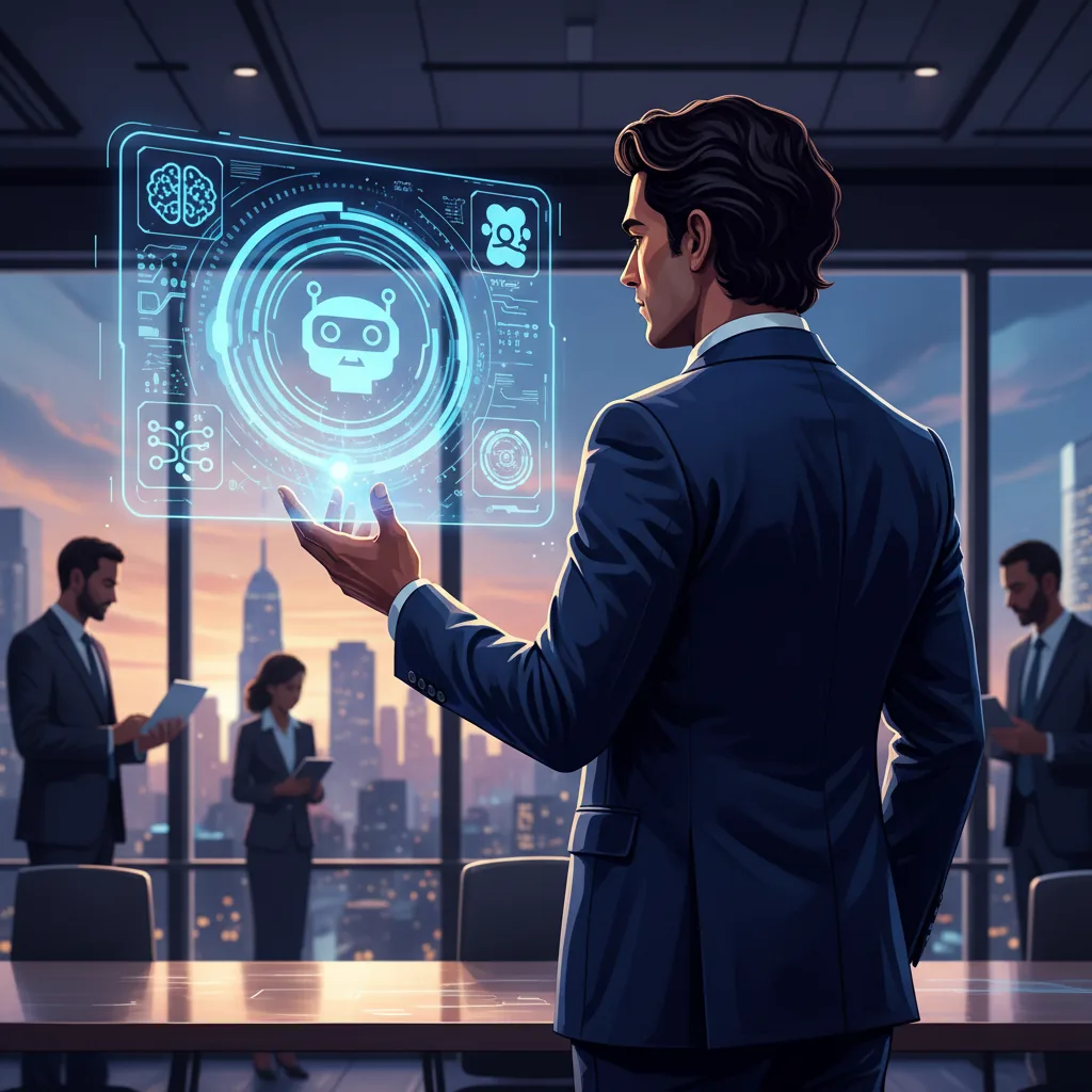 Pessoa de negócios brasileira interagindo com interface de IA do ChatGPT no futuro