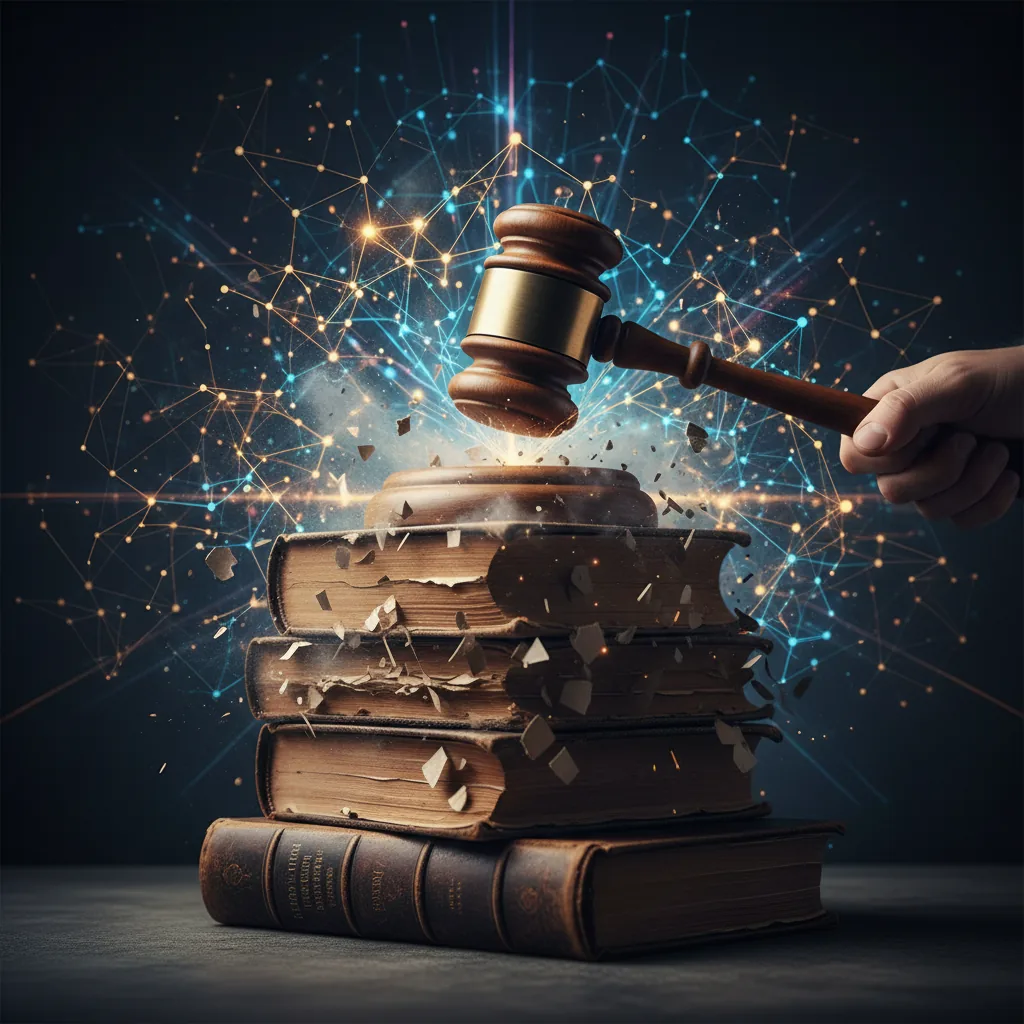Martelo de juiz sobre livros com rede neural ao fundo, representando o processo de editoras contra a Meta por direitos autorais em IA.