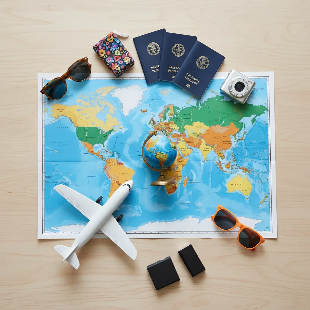 Itens de planejamento para uma viagem em família em 2026, incluindo passaportes e um globo.