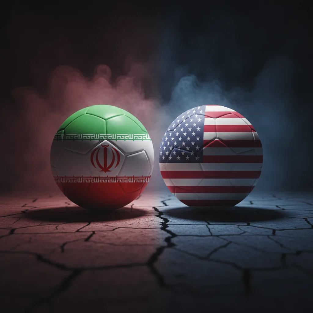 Bola de futebol entre as bandeiras do Irã e dos EUA, simbolizando o impasse do visto para a Copa 2026.