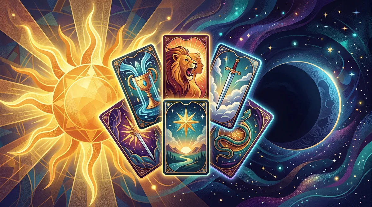 Ilustração mística dividida entre o sol e a lua com cartas de taro flutuando ao centro, representando o horário de nascimento no tarô em 2026.