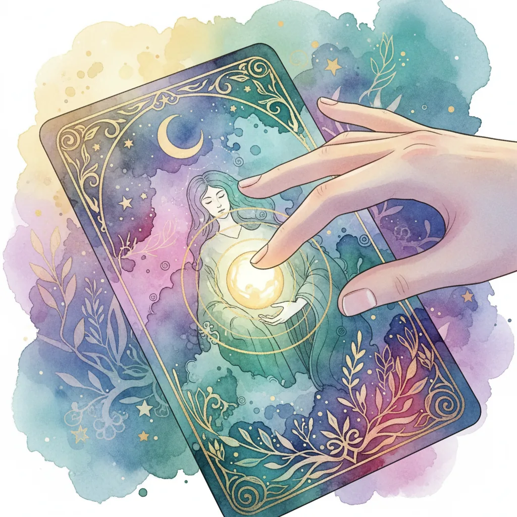 Mão tocando uma carta de tarô em uma atmosfera mística para leitura intuitiva