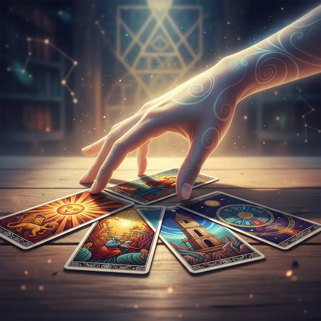Mão mística organizando cartas de Tarô em uma mesa de madeira, iluminada por uma luz suave.