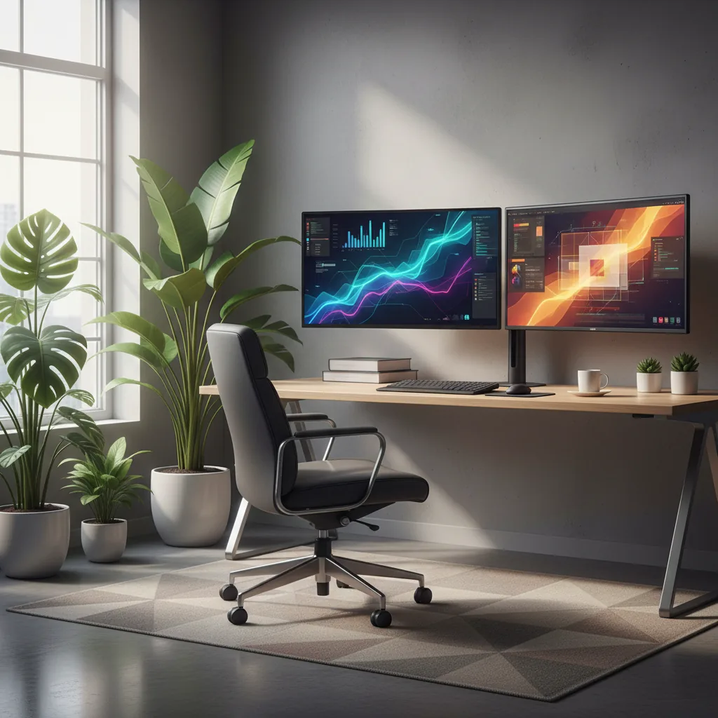 Espaço de trabalho moderno em casa com computador, café e plantas, representando o trabalho remoto em 2026.